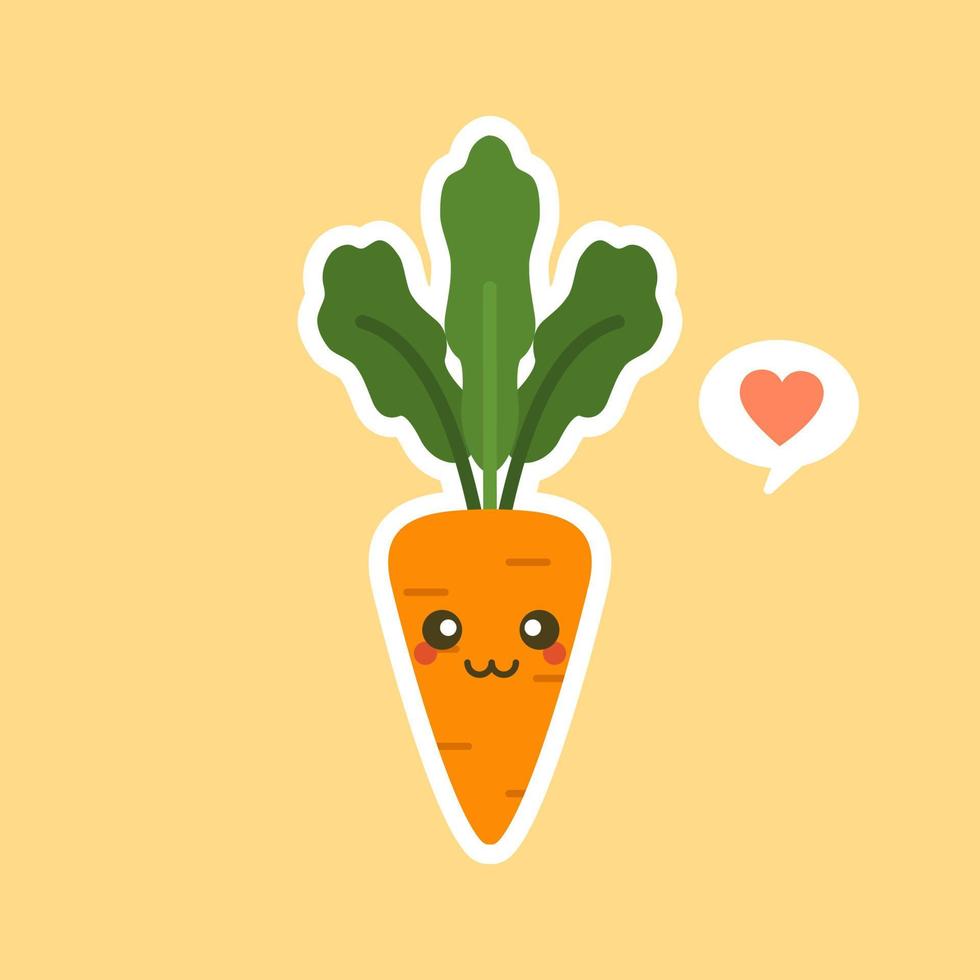 kawaii cute carrot cartoon character. Carrot cartoon in flat style, cute smiling character for healthy food poster, zero waste eco lifestyle, vegetarian eat, restaurant menu, cafe logo, Vegan vector