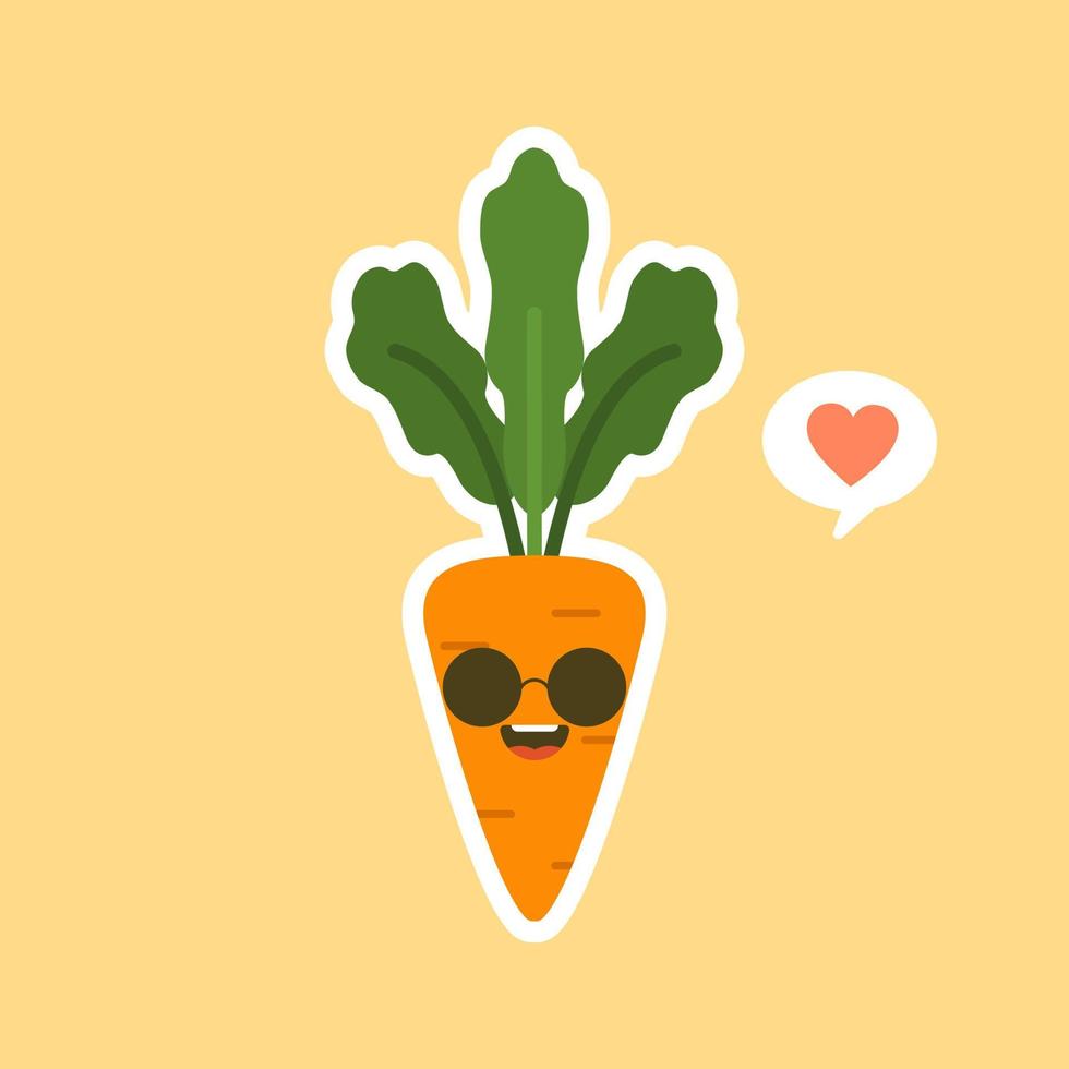 kawaii cute carrot cartoon character. Carrot cartoon in flat style, cute smiling character for healthy food poster, zero waste eco lifestyle, vegetarian eat, restaurant menu, cafe logo, Vegan vector