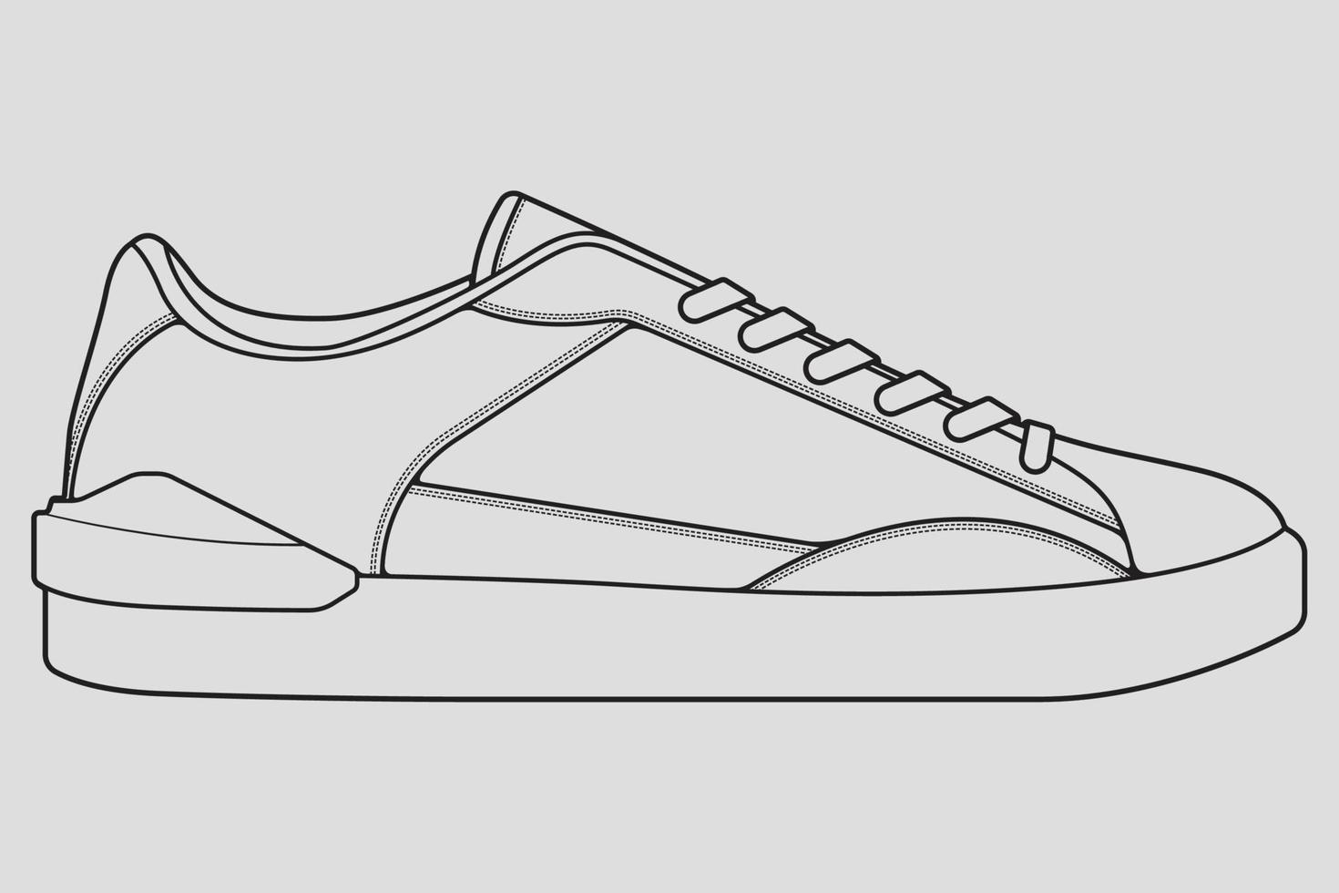 vector de dibujo de contorno de zapatillas de deporte, zapatillas dibujadas en un estilo de boceto, contorno de plantilla de zapatillas de deporte de línea negra, ilustración vectorial.