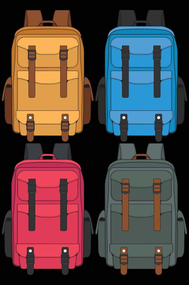 Set of vector Colorful Backpacks. Backpacks for schoolchildren, students, travellers and tourists. Back to School rucksack flat vector illustrations isolated on white.