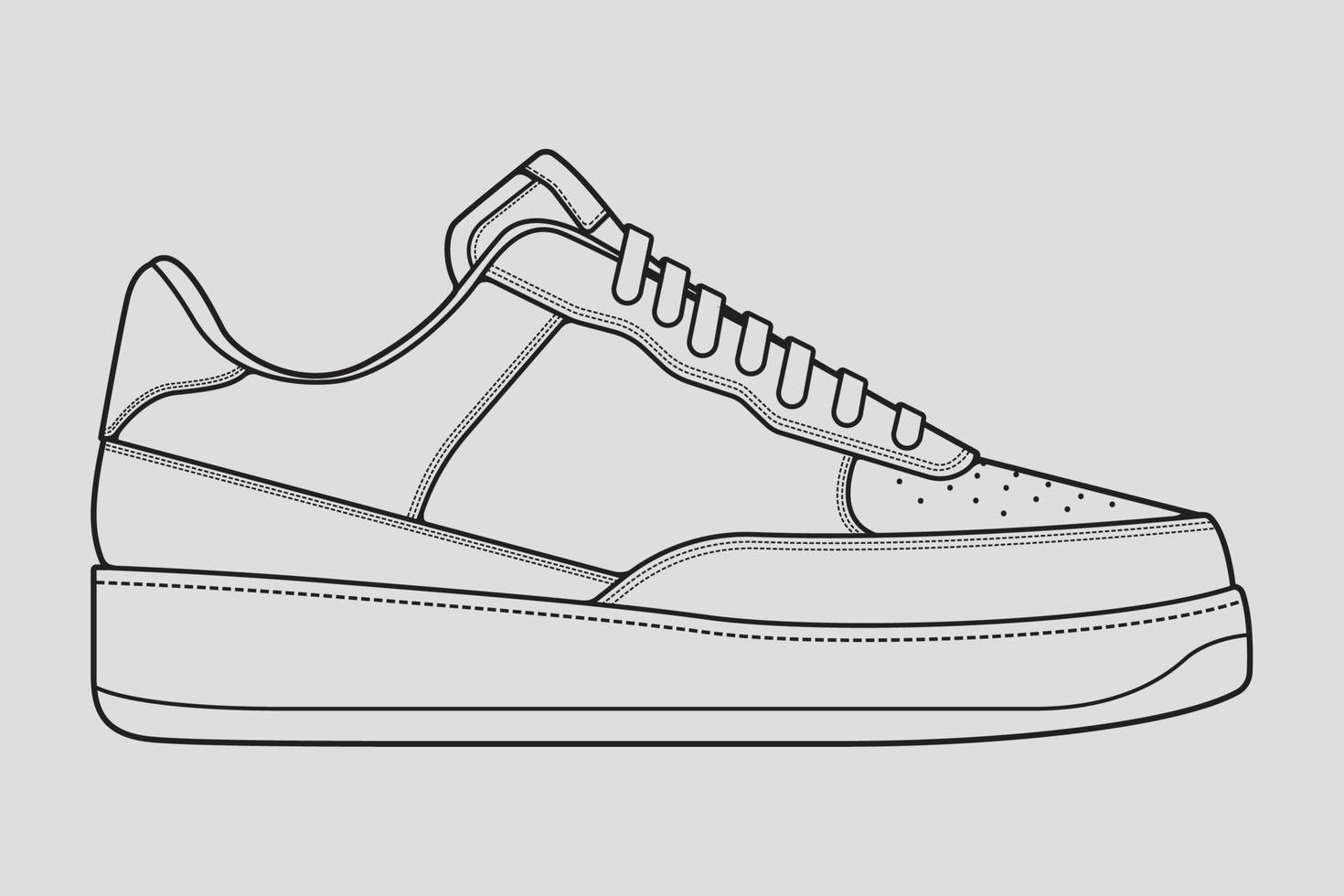 vector de dibujo de contorno de zapatillas de deporte, zapatillas dibujadas en un estilo de boceto, contorno de plantilla de zapatillas de deporte de línea negra, ilustración vectorial.