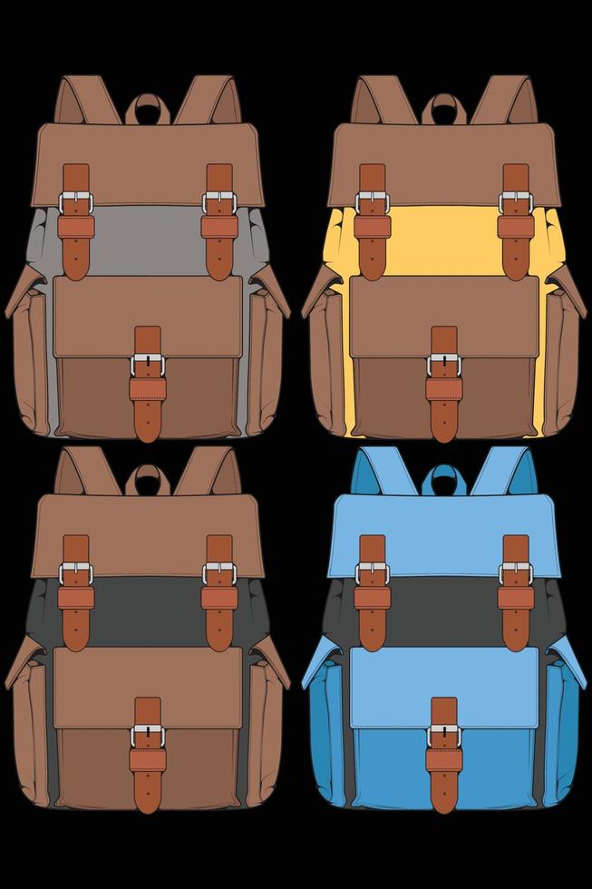 Set of vector Colorful Backpacks. Backpacks for schoolchildren, students, travellers and tourists. Back to School rucksack flat vector illustrations isolated on white.