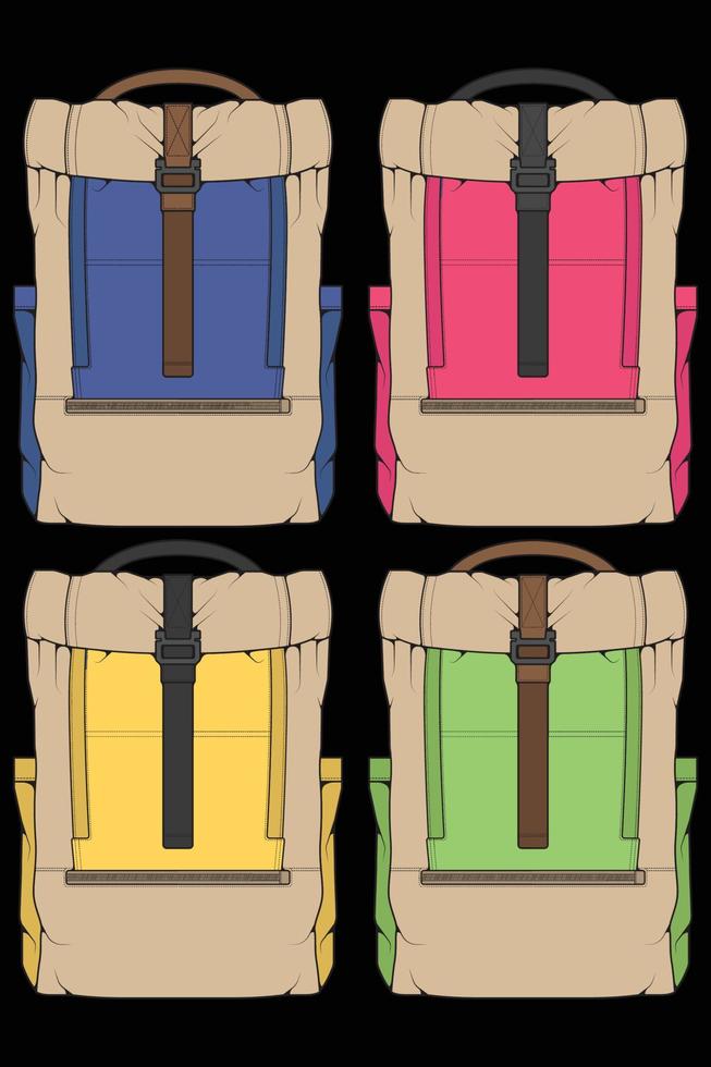 Set of vector Colorful Backpacks. Backpacks for schoolchildren, students, travellers and tourists. Back to School rucksack flat vector illustrations isolated.