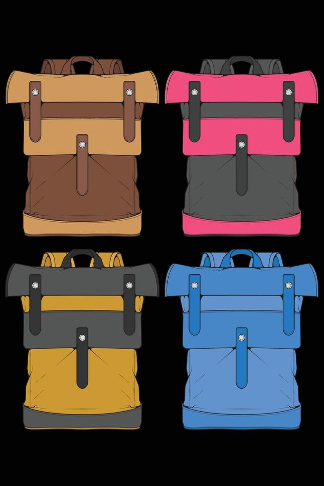 Set of vector Colorful Backpacks. Backpacks for schoolchildren, students, travellers and tourists. Back to School rucksack flat vector illustrations isolated on white.