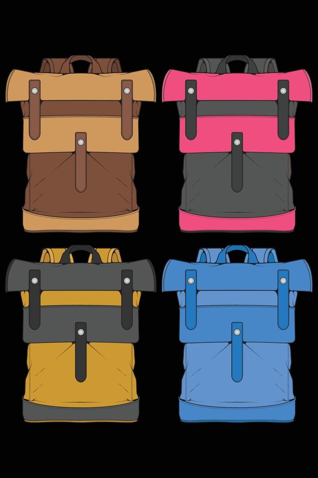 conjunto de mochilas de colores vectoriales. mochilas para escolares, estudiantes, viajeros y turistas. ilustraciones de vectores planos de mochila de regreso a la escuela aisladas en blanco.