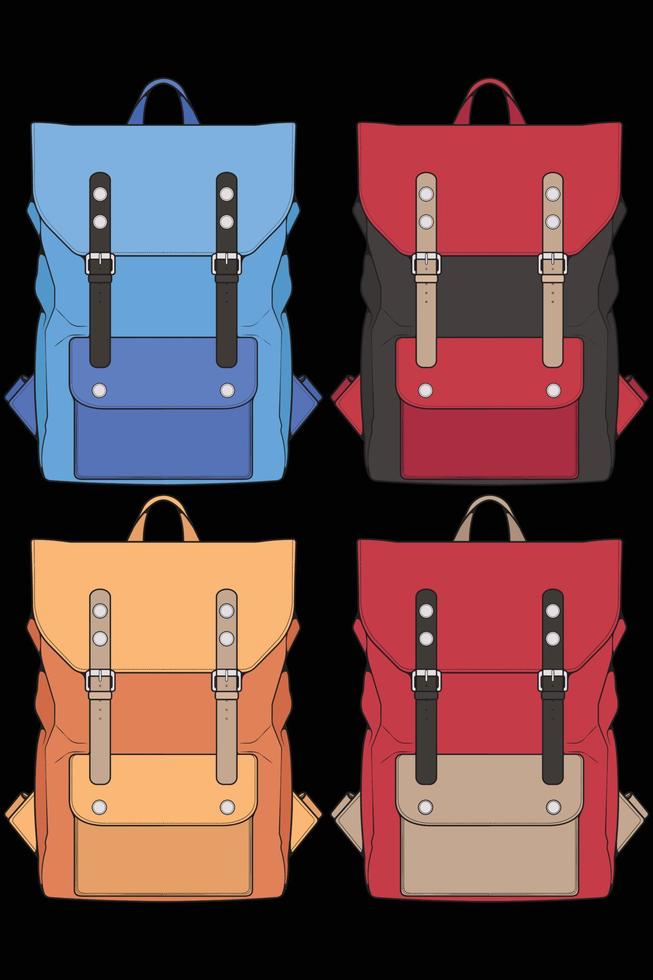 Set of vector Colorful Backpacks. Backpacks for schoolchildren, students, travellers and tourists. Back to School rucksack flat vector illustrations isolated on white.