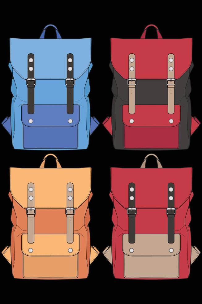 Set of vector Colorful Backpacks. Backpacks for schoolchildren, students, travellers and tourists. Back to School rucksack flat vector illustrations isolated on white.