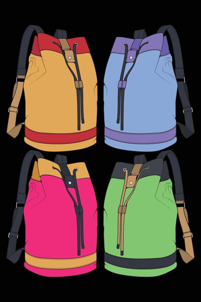 conjunto de mochilas de colores vectoriales. mochilas para escolares, estudiantes, viajeros y turistas. ilustraciones de vectores planos de mochila de regreso a la escuela aisladas en blanco.