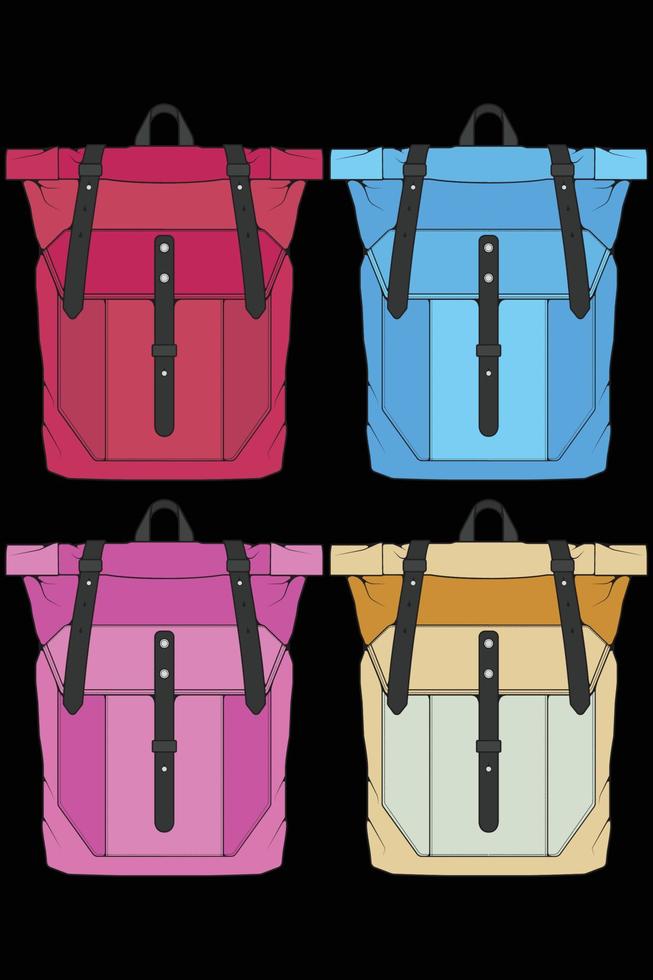 conjunto de mochilas de colores vectoriales. mochilas para escolares, estudiantes, viajeros y turistas. ilustraciones de vectores planos de mochila de regreso a la escuela aisladas en blanco.