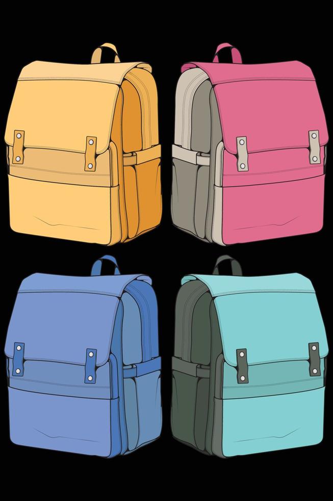 Set of vector Colorful Backpacks. Backpacks for schoolchildren, students, travellers and tourists. Back to School rucksack flat vector illustrations isolated.
