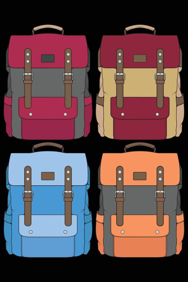 Set of vector Colorful Backpacks. Backpacks for schoolchildren, students, travellers and tourists. Back to School rucksack flat vector illustrations isolated on white.