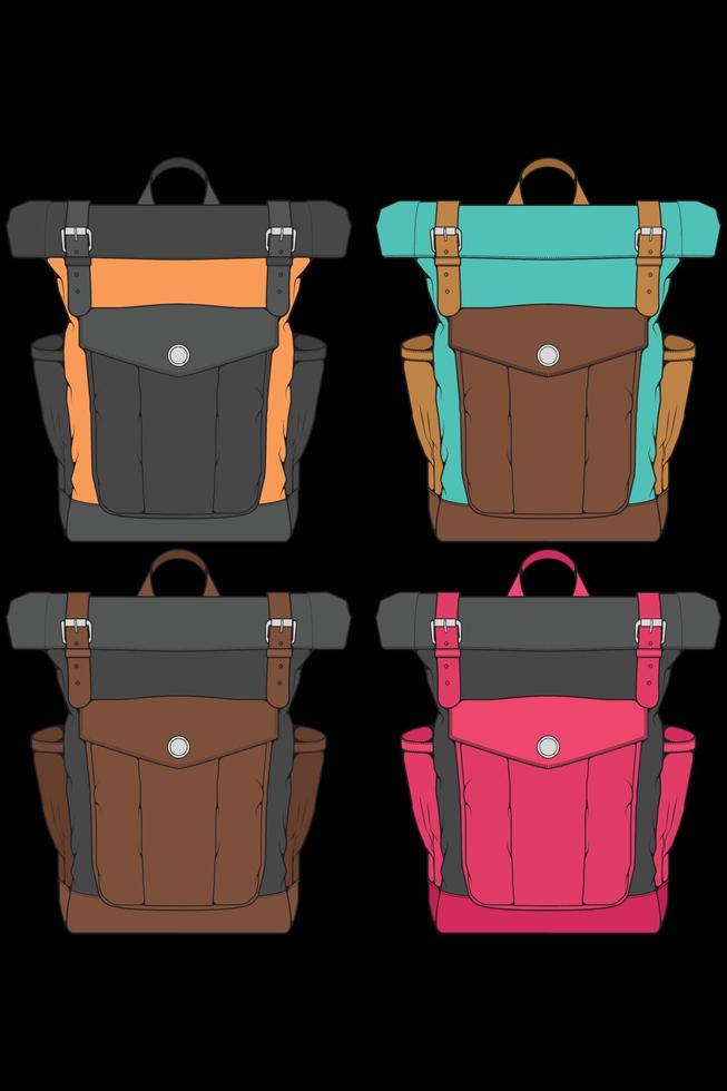 Set of vector Colorful Backpacks. Backpacks for schoolchildren, students, travellers and tourists. Back to School rucksack flat vector illustrations isolated on white.