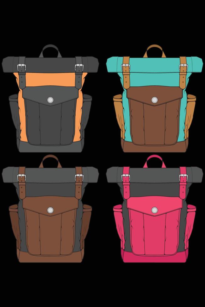 conjunto de mochilas de colores vectoriales. mochilas para escolares, estudiantes, viajeros y turistas. ilustraciones de vectores planos de mochila de regreso a la escuela aisladas en blanco.