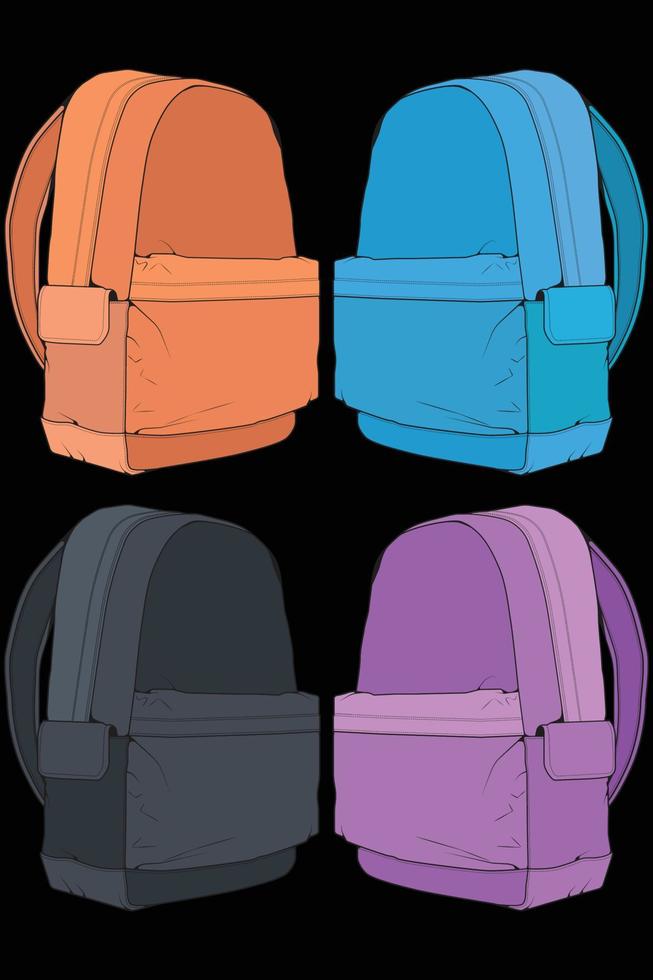 conjunto de mochilas de colores vectoriales. mochilas para escolares, estudiantes, viajeros y turistas. ilustraciones de vectores planos de mochila de regreso a la escuela aisladas en blanco.