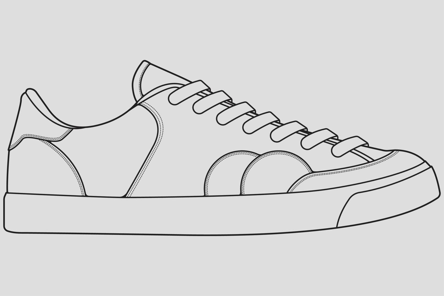 vector de dibujo de contorno de zapatillas de deporte, zapatillas dibujadas en un estilo de boceto, contorno de plantilla de zapatillas de deporte de línea negra, ilustración vectorial.