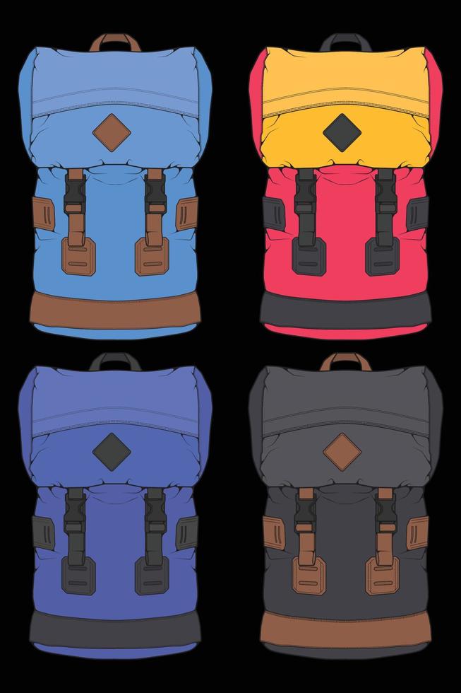 Set of vector Colorful Backpacks. Backpacks for schoolchildren, students, travellers and tourists. Back to School rucksack flat vector illustrations isolated on white.