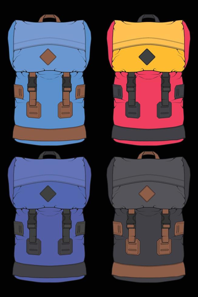 conjunto de mochilas de colores vectoriales. mochilas para escolares, estudiantes, viajeros y turistas. ilustraciones de vectores planos de mochila de regreso a la escuela aisladas en blanco.