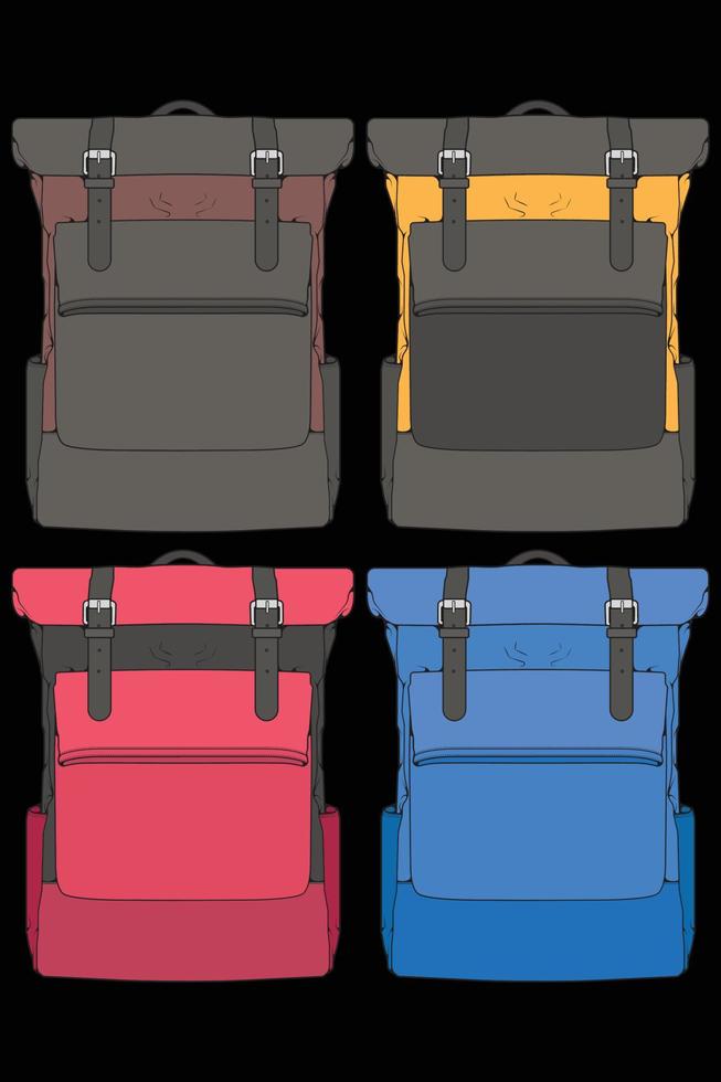 conjunto de mochilas de colores vectoriales. mochilas para escolares, estudiantes, viajeros y turistas. ilustraciones de vectores planos de mochila de regreso a la escuela aisladas en blanco.