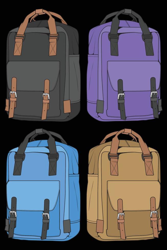 conjunto de mochilas de colores vectoriales. mochilas para escolares, estudiantes, viajeros y turistas. ilustraciones de vectores planos de mochila de regreso a la escuela aisladas en blanco.