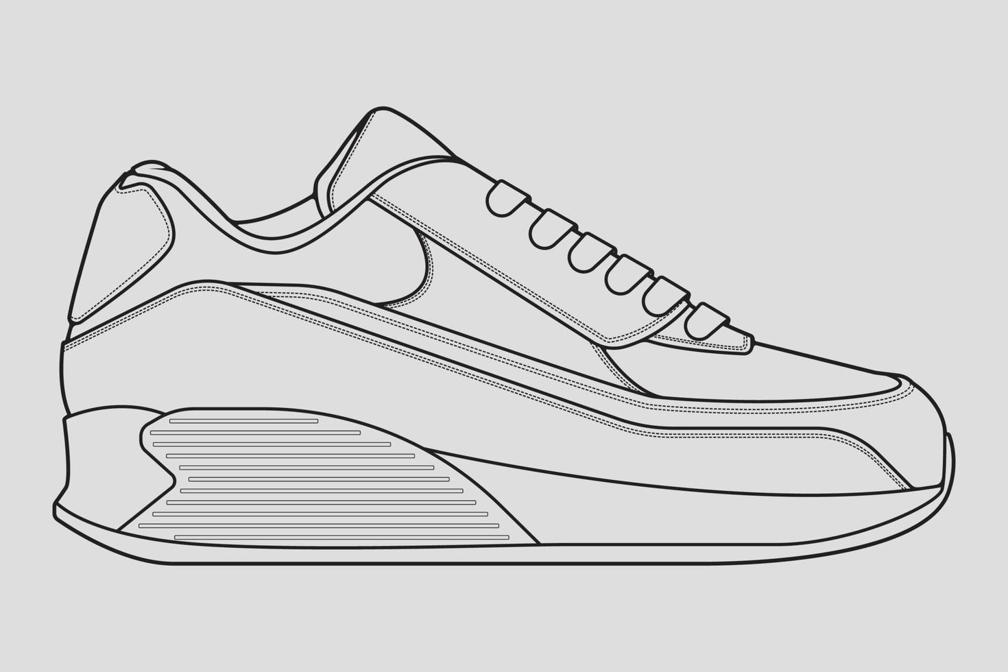 vector de dibujo de contorno de zapatillas de deporte, zapatillas dibujadas en un estilo de boceto, contorno de plantilla de zapatillas de deporte de línea negra, ilustración vectorial.