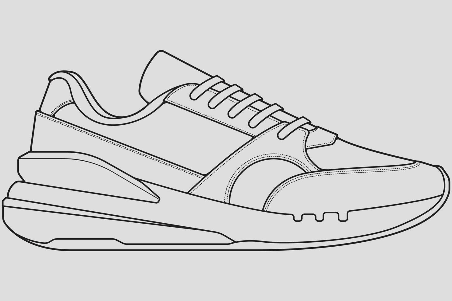 Shoes sneaker outline drawing vector, Sneakers drawn in a sketch style, black line sneaker trainers template outline, vector Illustration.