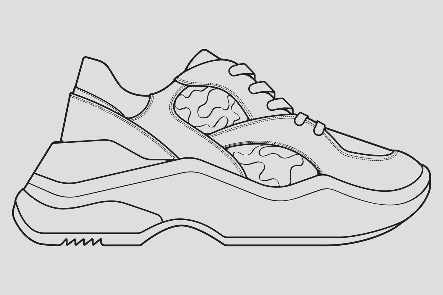 vector de dibujo de contorno de zapatillas de deporte, zapatillas dibujadas en un estilo de boceto, contorno de plantilla de zapatillas de deporte de línea negra, ilustración vectorial.