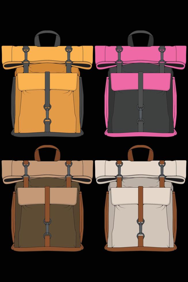 Set of vector Colorful Backpacks. Backpacks for schoolchildren, students, travellers and tourists. Back to School rucksack flat vector illustrations isolated on white.