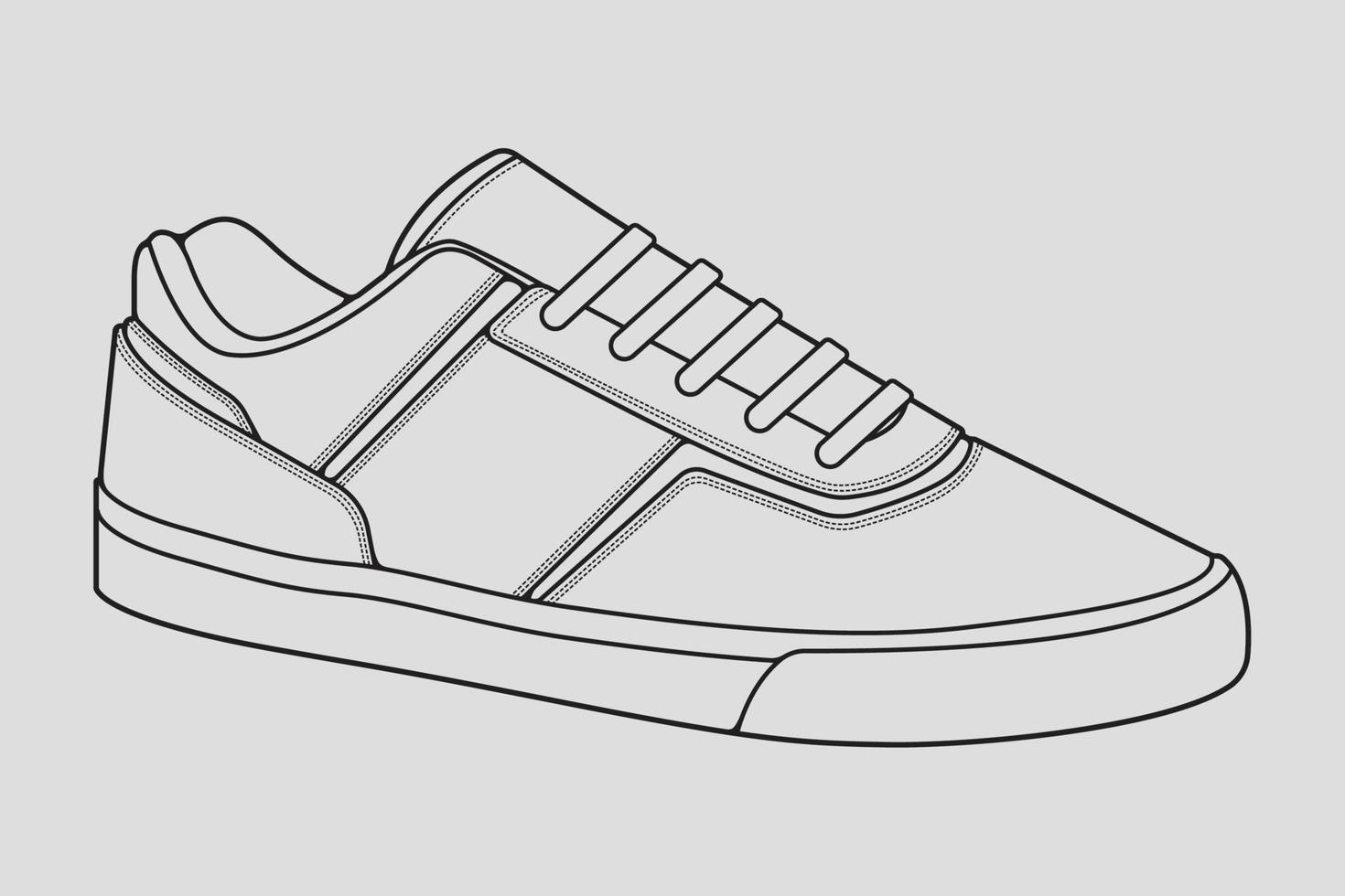 Shoes sneaker outline drawing vector, Sneakers drawn in a sketch style, black line sneaker trainers template outline, vector Illustration.