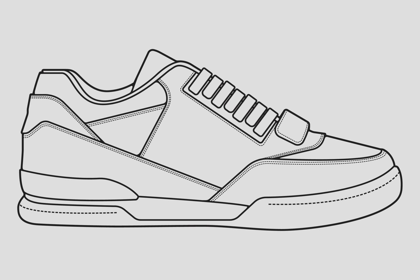 vector de dibujo de contorno de zapatillas de deporte, zapatillas dibujadas en un estilo de boceto, contorno de plantilla de zapatillas de deporte de línea negra, ilustración vectorial.