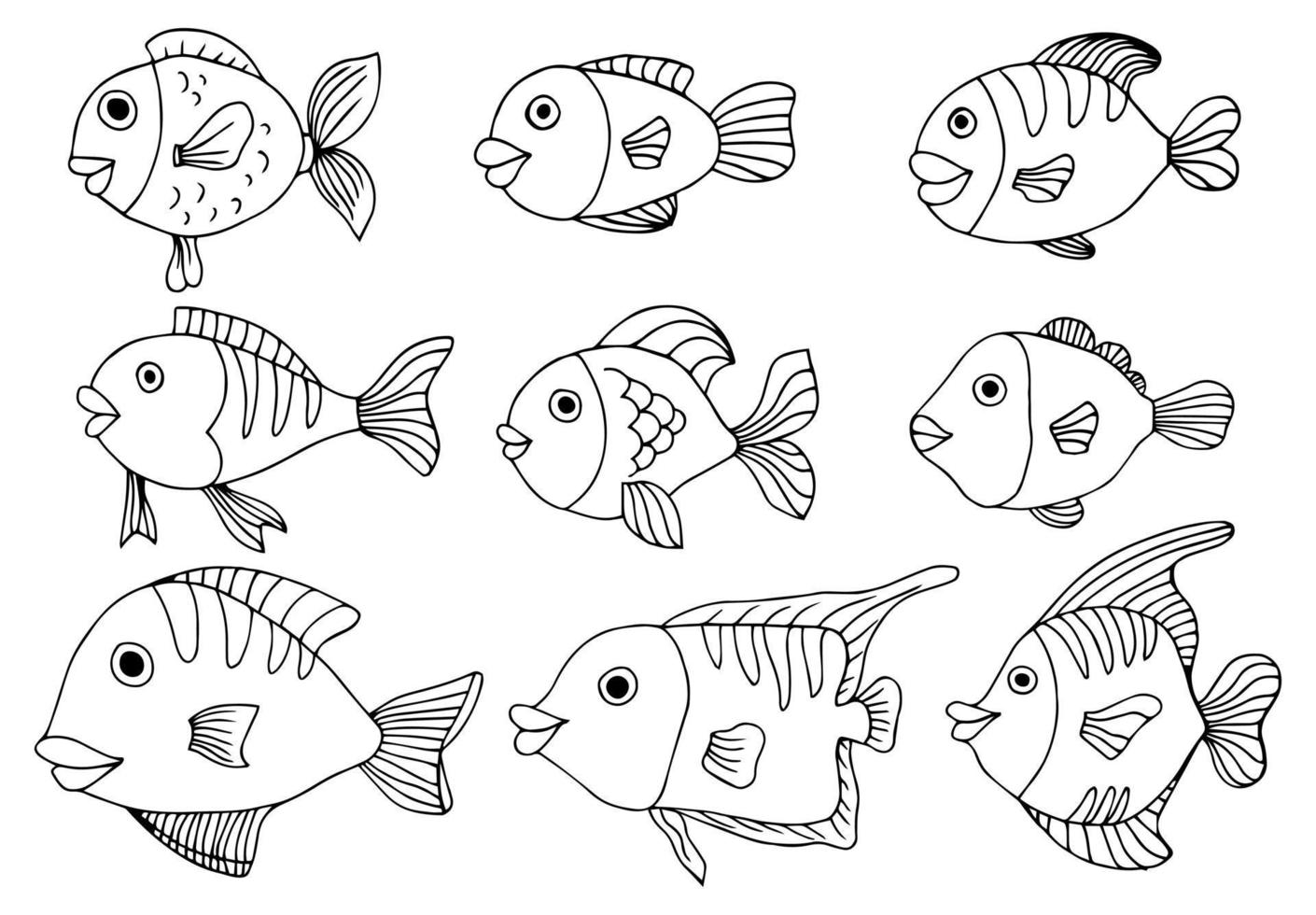 Cartoon ocean animals set. Coloring book pages for kids. vector