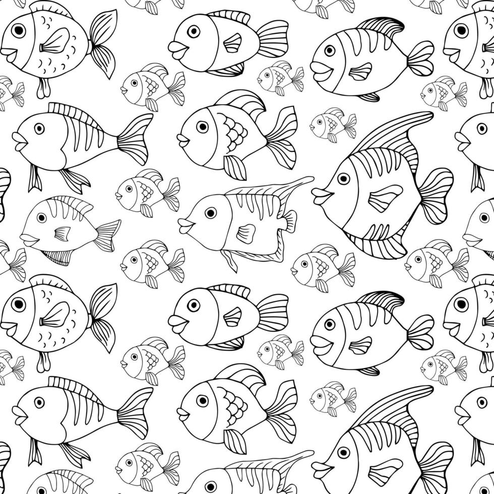 Fish simple seamless pattern backdrop in black and white.  Underwater two-tone scene, sea creature  background for fabric, mural, upholstery, wallpaper, textile, prints, and wrapping paper. vector