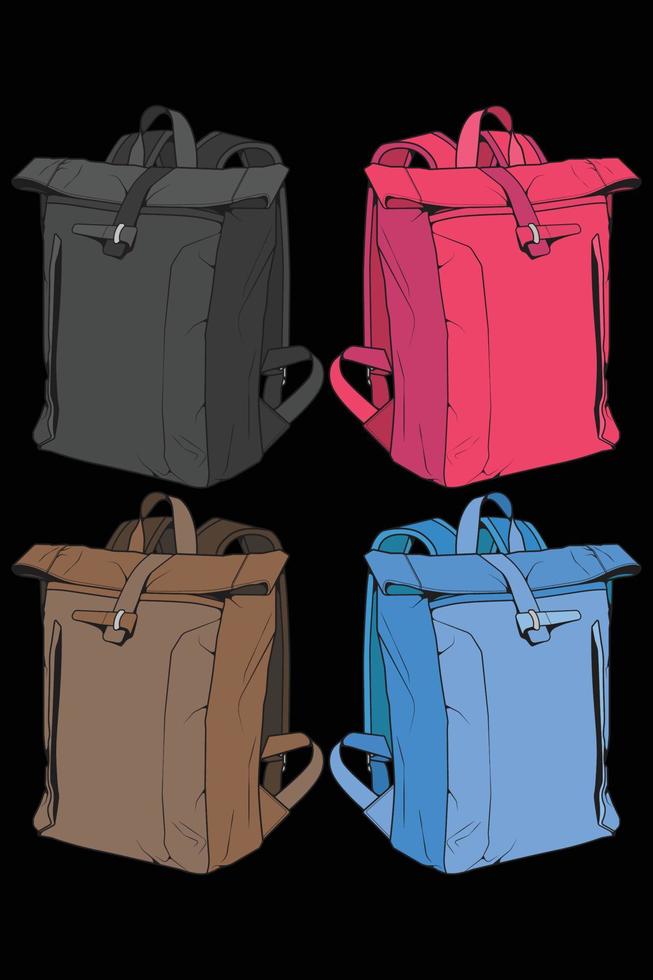 conjunto de mochilas de colores vectoriales. mochilas para escolares, estudiantes, viajeros y turistas. ilustraciones de vectores planos de mochila de regreso a la escuela aisladas en blanco.