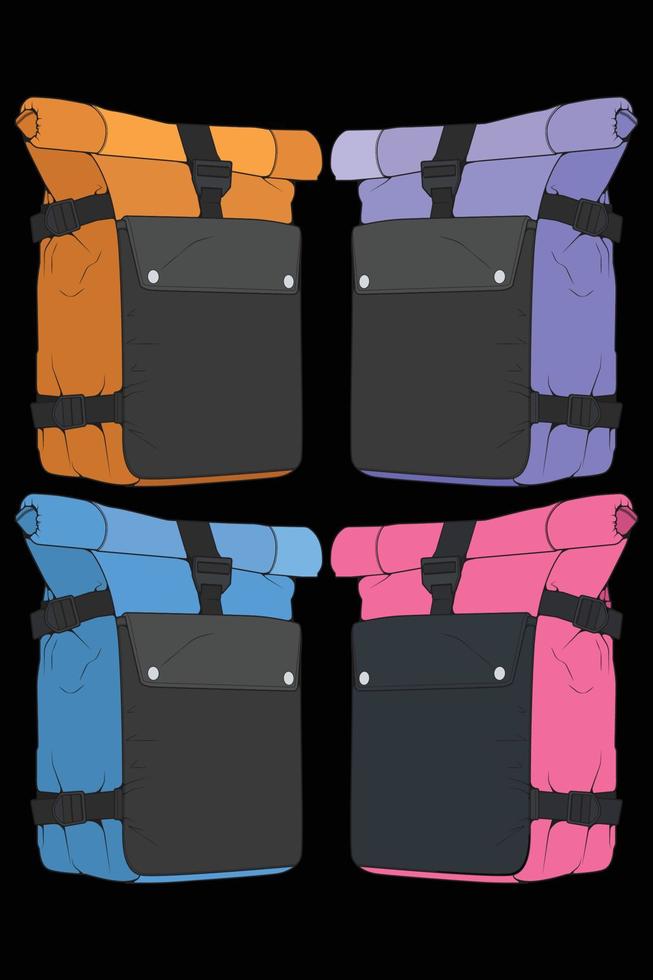 conjunto de mochilas de colores vectoriales. mochilas para escolares, estudiantes, viajeros y turistas. ilustraciones de vectores planos de mochila de regreso a la escuela aisladas en blanco.