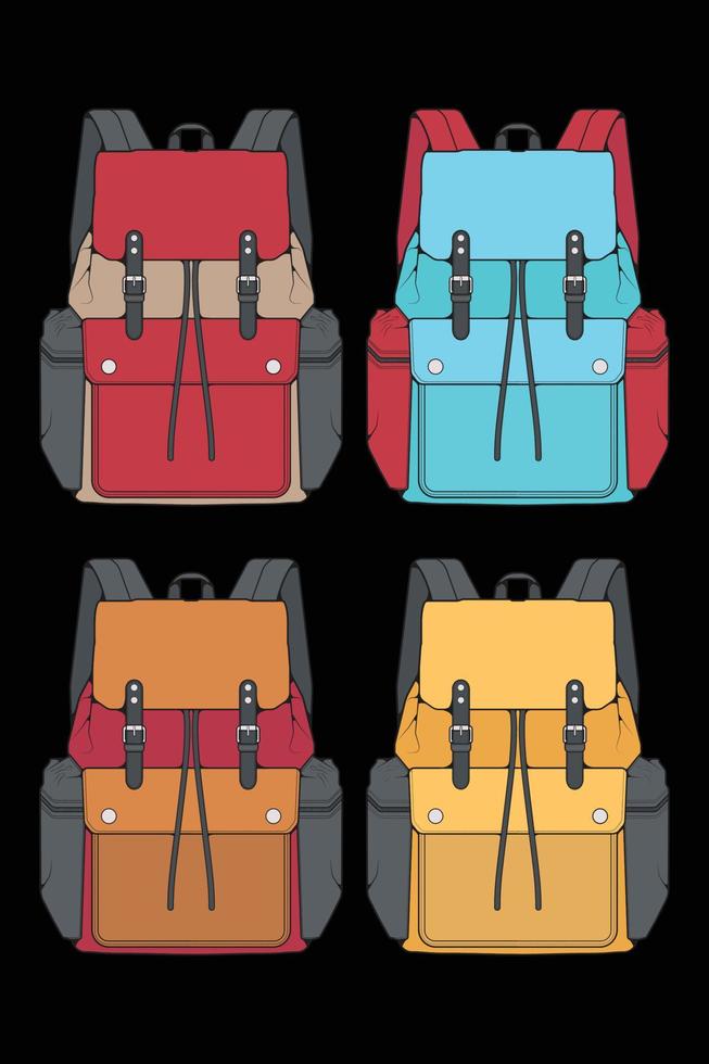 Set of vector Colorful Backpacks. Backpacks for schoolchildren, students, travellers and tourists. Back to School rucksack flat vector illustrations isolated.