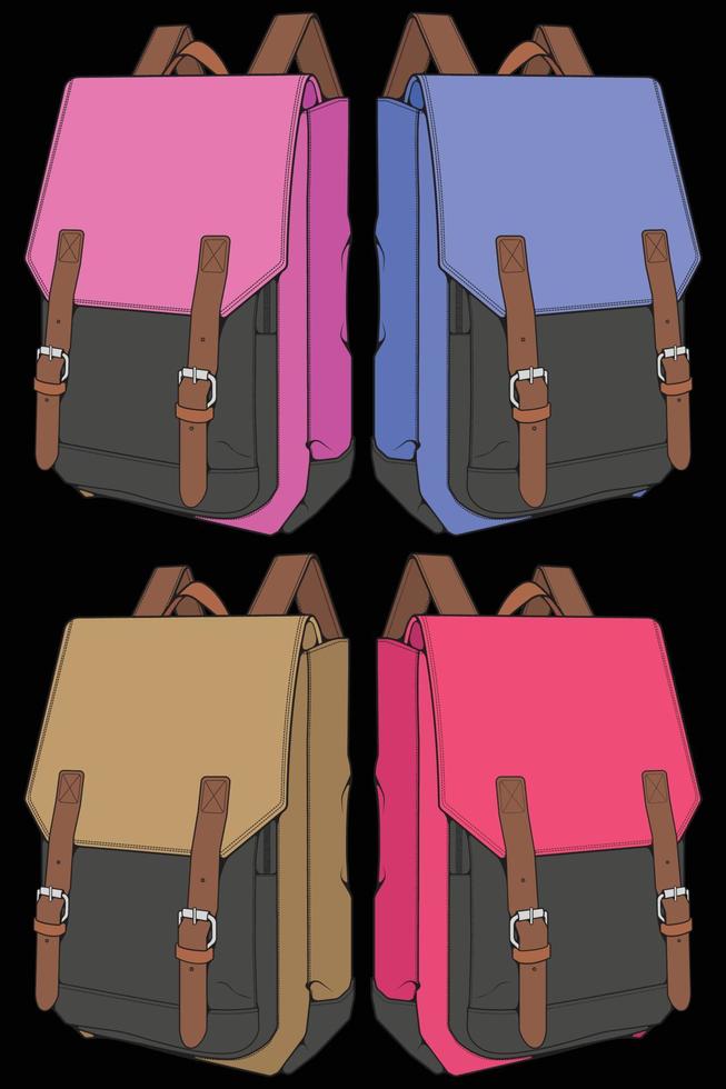 Set of vector Colorful Backpacks. Backpacks for schoolchildren, students, travellers and tourists. Back to School rucksack flat vector illustrations isolated on white.