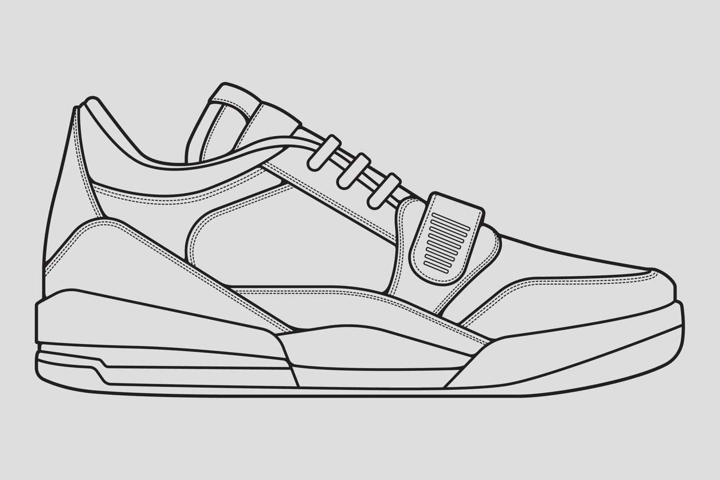 Shoes sneaker outline drawing vector, Sneakers drawn in a sketch style, black line sneaker trainers template outline, vector Illustration.