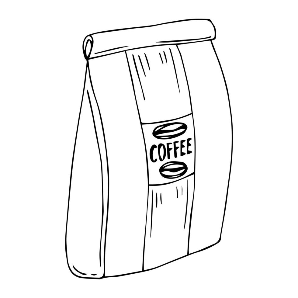 bolsa de papel llena de café, arte de línea aislado vectorial, ilustración lineal del embalaje de café artesanal. estilo de tinta de contorno plano de moda, bueno como icono, logotipo para cafetería, ilustraciones dibujadas a mano. vector