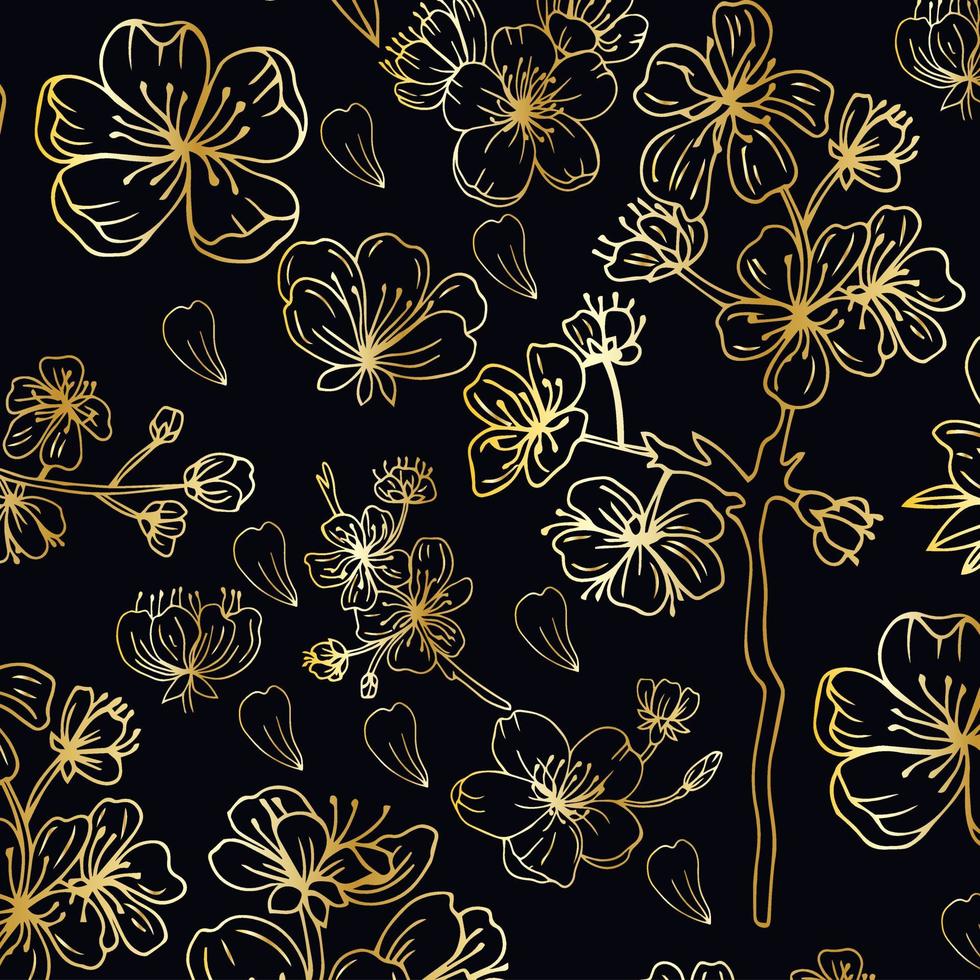 Cherry, sakura flowers bloom blossom seamless pattern texture. Copper gold shiny glow outline. Navy dark blue background. vector