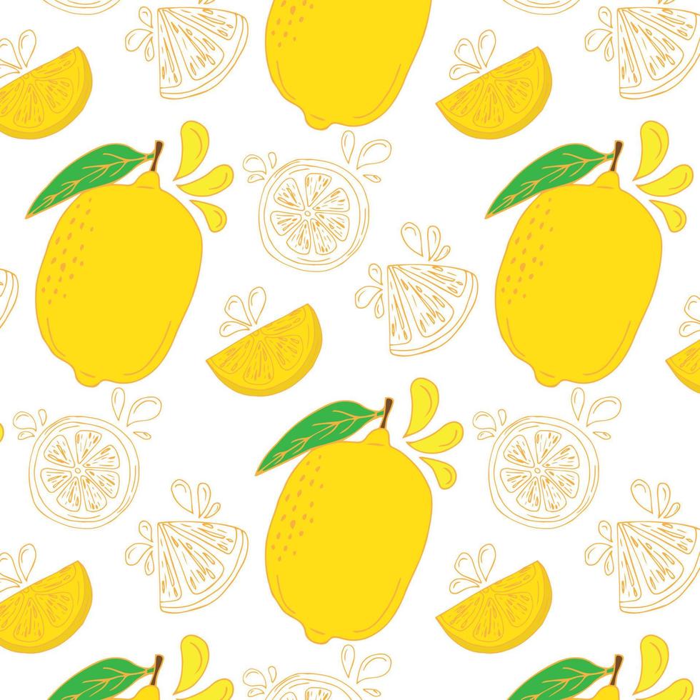 Seamless summer pattern with slices and whole lemons. Vector illustration.