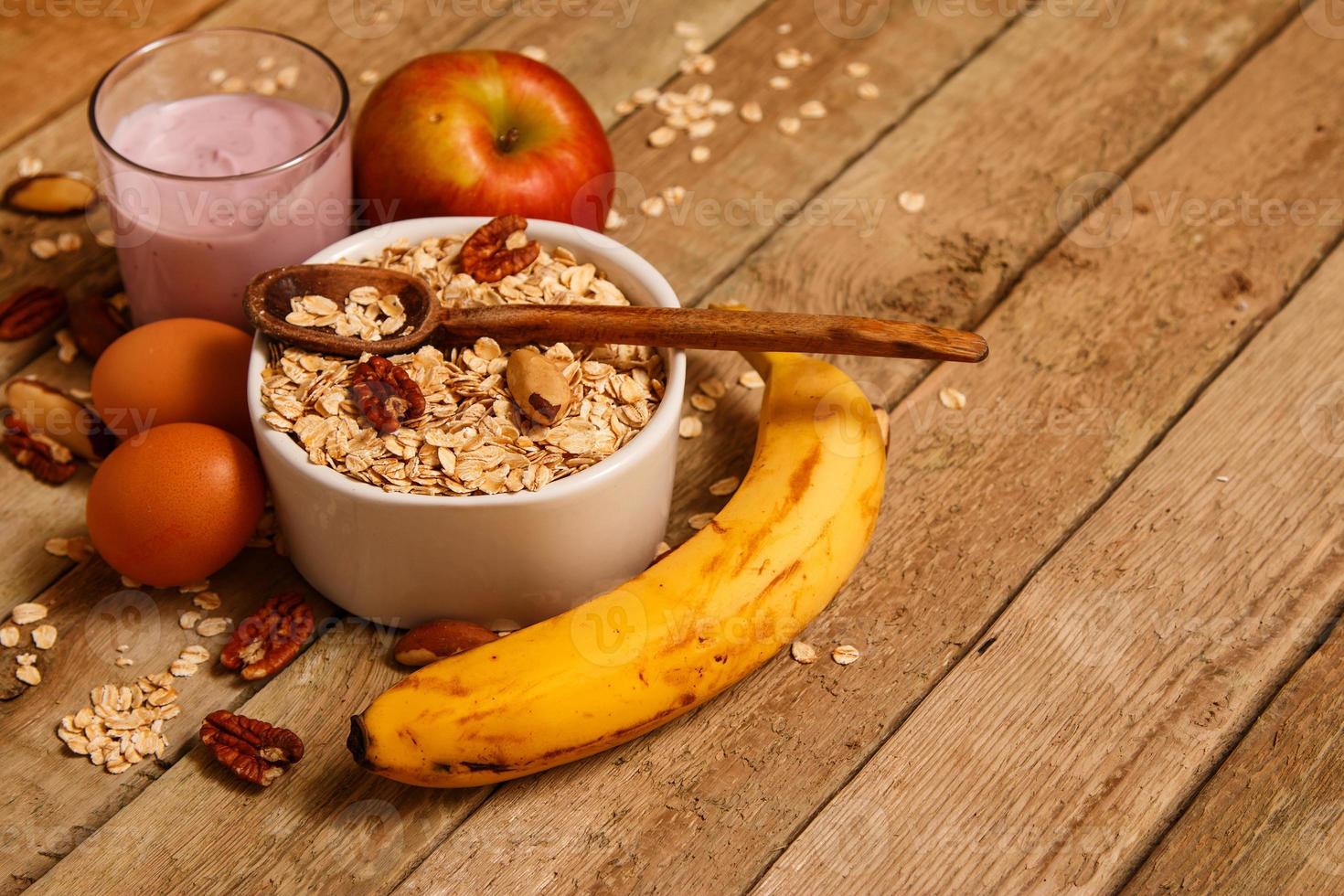 Healthy breakfast on wooden table photo