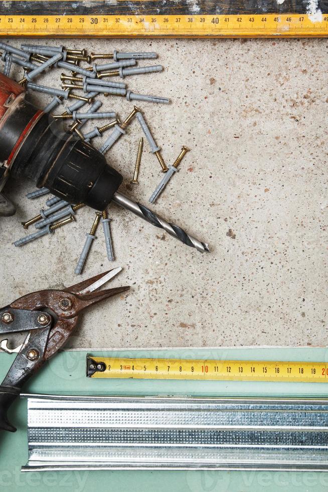 Instruments for build a plasterboard walls photo