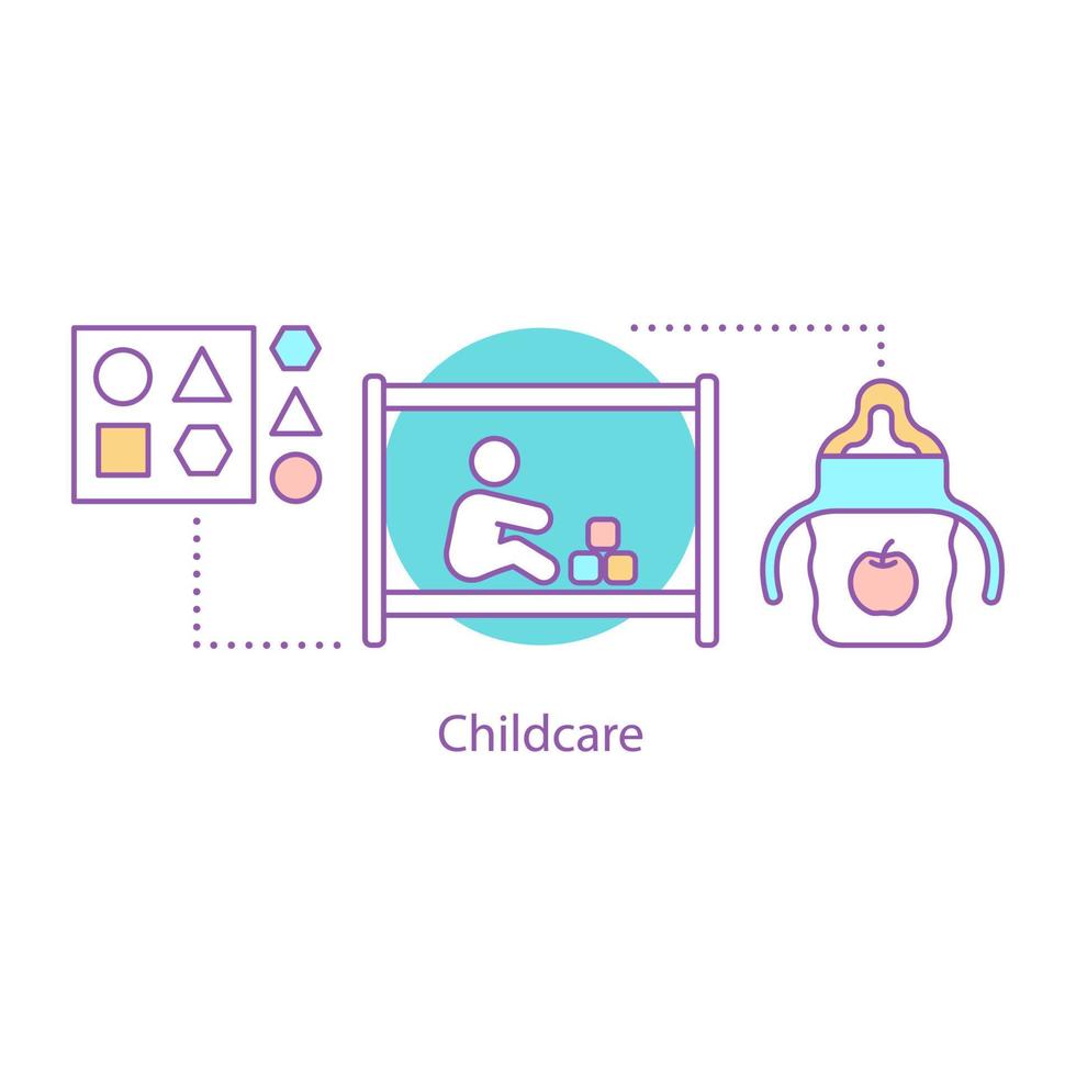 Childcare concept icon. Childhood idea thin line illustration. Kid in playpen, sippy cup, toy. Vector isolated outline drawing