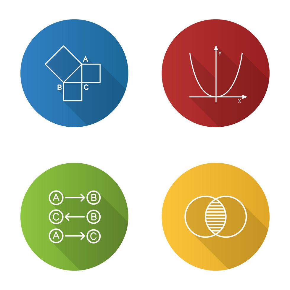 Mathematics flat linear long shadow icons set. Geometry, algebra, logic and discrete maths. Vector outline illustration