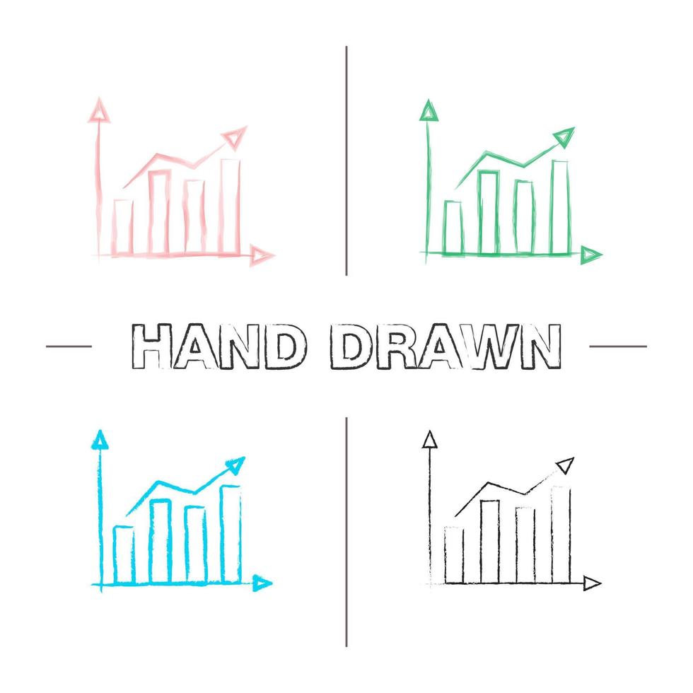 Statistics hand drawn icons set. Market growth chart. Profit rising. Statistics diagram. Color brush stroke. Isolated vector sketchy illustrations