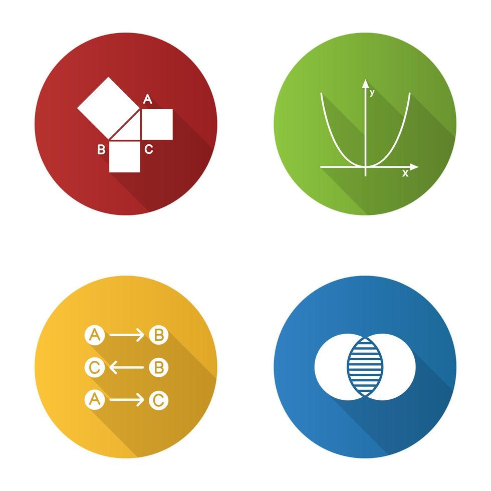 conjunto de iconos de glifo de sombra larga de diseño plano de matemáticas. geometría, álgebra, lógica y matemáticas discretas. ilustración de silueta vectorial vector