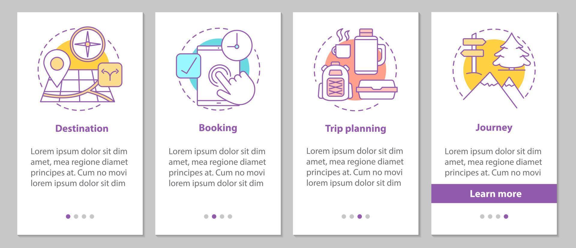 Travel organization onboarding mobile app page screen with linear concepts. Trip planning steps graphic instructions. UX, UI, GUI vector template with illustrations