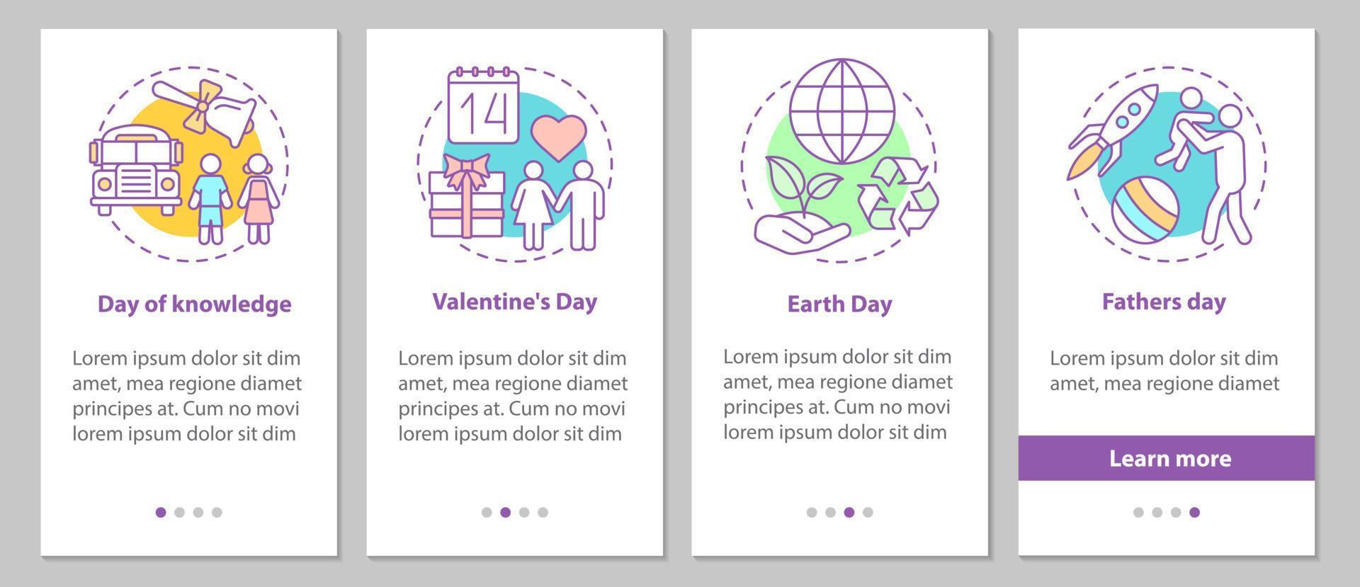 Seasonal holidays onboarding mobile app page screen with linear concepts. Back to school, February 14th, Earth and Father's Days steps graphic. UX, UI, GUI vector template with illustrations