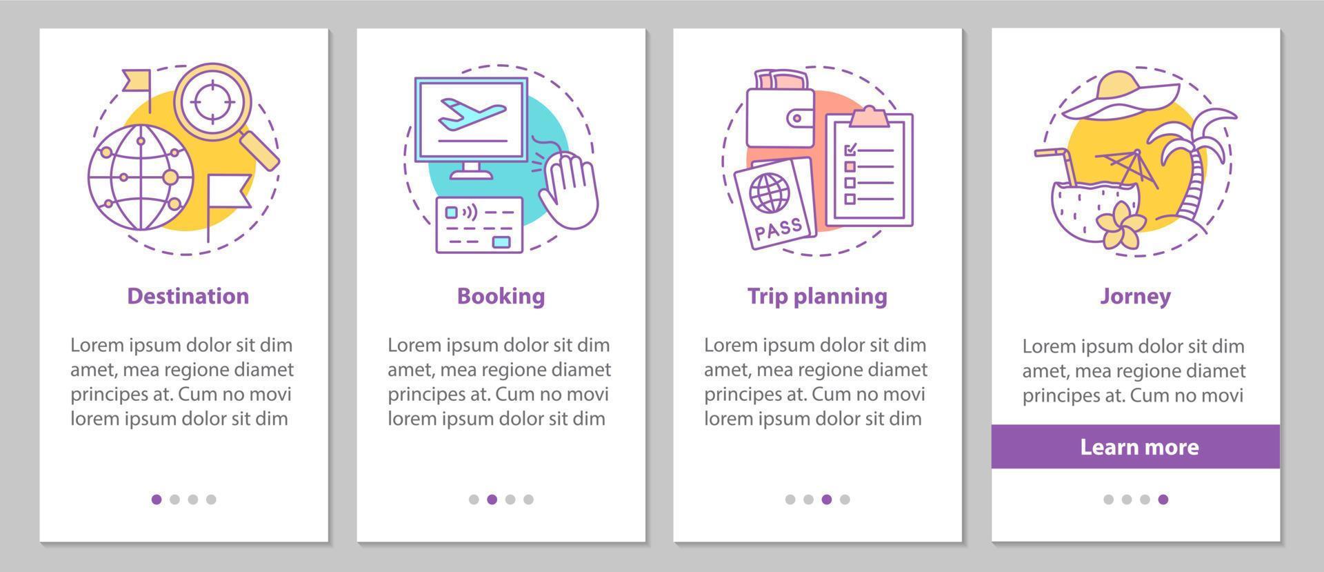 Travel organization onboarding mobile app page screen with linear concepts. Trip planning steps graphic instructions. UX, UI, GUI vector template with illustrations