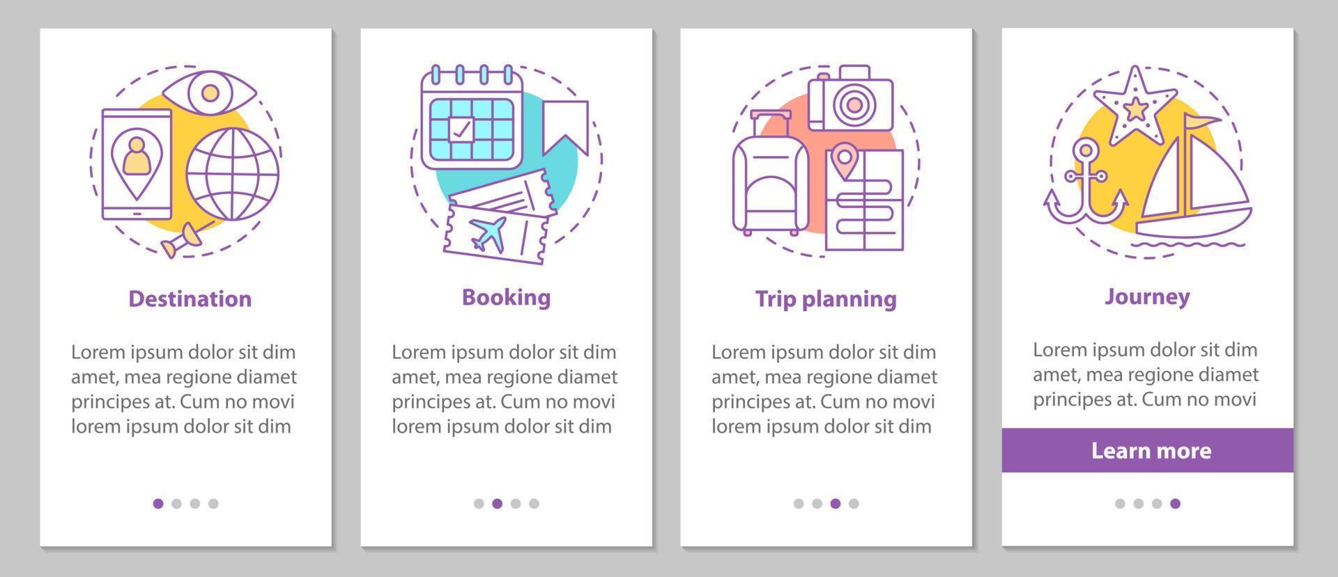 Organización de viajes que incorpora la pantalla de la página de la aplicación móvil con conceptos lineales. instrucciones gráficas de los pasos de planificación del viaje. ux, ui, plantilla vectorial gui con ilustraciones vector