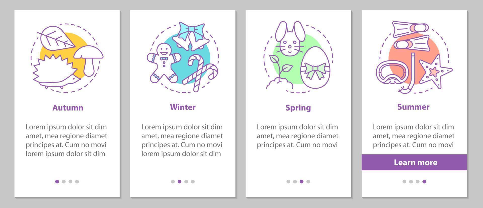 Four seasons onboarding mobile app page screen with linear concepts. Winter, autumn, spring, summer steps graphic instructions. UX, UI, GUI vector template with illustrations